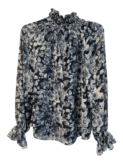 Cinq a Sept Size Medium Black, Blue & Cream Polyester Floral Long Sleeve Top Black, Blue & Cream / Medium