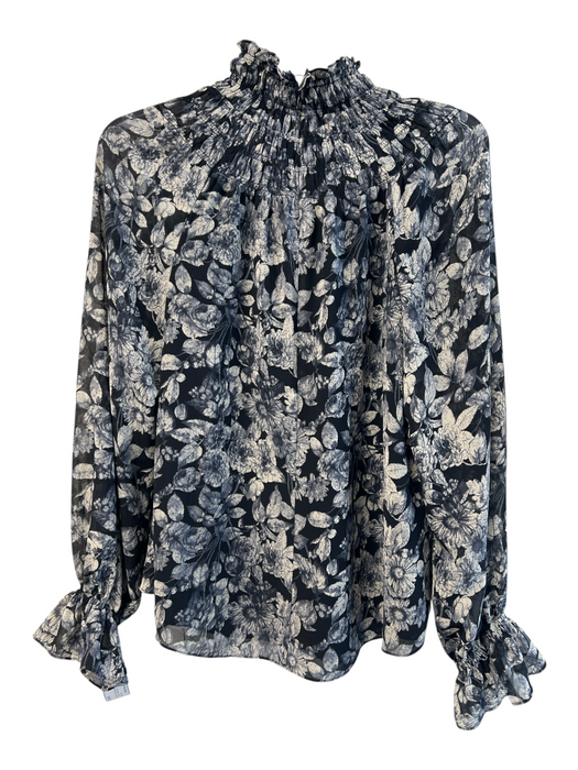 Cinq a Sept Size Medium Black, Blue & Cream Polyester Floral Long Sleeve Top Black, Blue & Cream / Medium