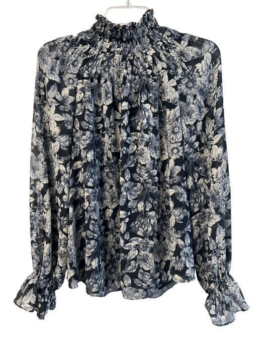 Cinq a Sept Size Medium Black, Blue & Cream Polyester Floral Long Sleeve Top Black, Blue & Cream / Medium