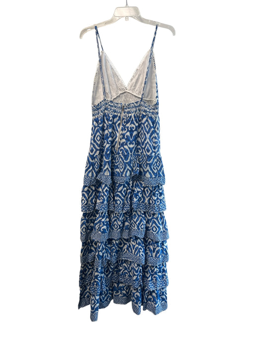 Alice & Olivia Size 8 Blue & White Cotton V Neck Tiered Sleevel Print Dress Blue & White / 8