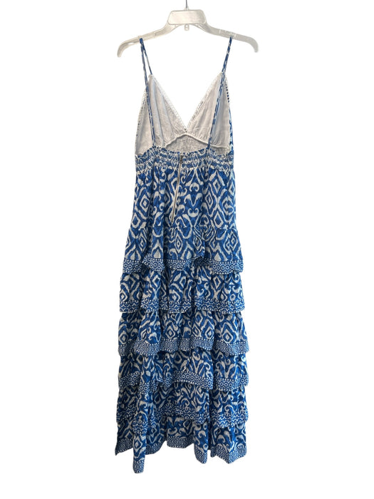 Alice & Olivia Size 8 Blue & White Cotton V Neck Tiered Sleevel Print Dress Blue & White / 8