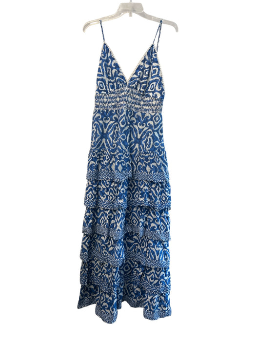 Alice & Olivia Size 8 Blue & White Cotton V Neck Tiered Sleevel Print Dress Blue & White / 8