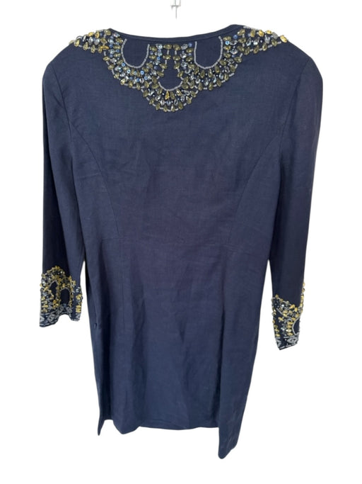 Tory Burch Size 6 Navy & Yellow Linen Beaded Neckline V Neck Hook & Eye Dress Navy & Yellow / 6