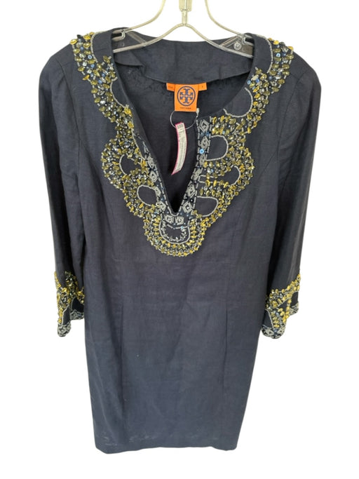 Tory Burch Size 6 Navy & Yellow Linen Beaded Neckline V Neck Hook & Eye Dress Navy & Yellow / 6