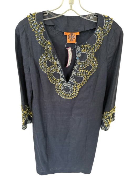 Tory Burch Size 6 Navy & Yellow Linen Beaded Neckline V Neck Hook & Eye Dress Navy & Yellow / 6