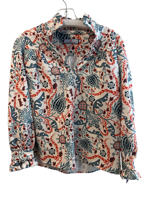 CK Bradley Size Small White, Orange & Blue Polyester Long Sleeve V Neck Top White, Orange & Blue / Small