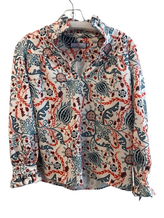CK Bradley Size Small White, Orange & Blue Polyester Long Sleeve V Neck Top White, Orange & Blue / Small