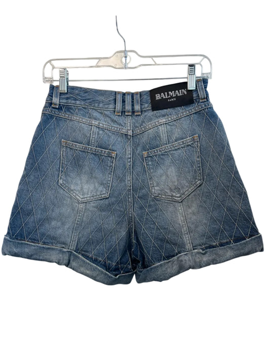 Balmain Size 38 Light Wash Cotton Blend Denim Diamond Stitch High Rise Shorts Light Wash / 38