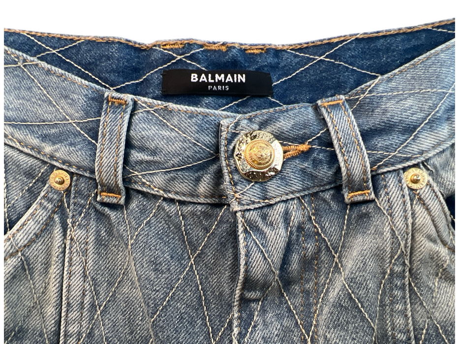 Balmain Size 38 Light Wash Cotton Blend Denim Diamond Stitch High Rise Shorts Light Wash / 38
