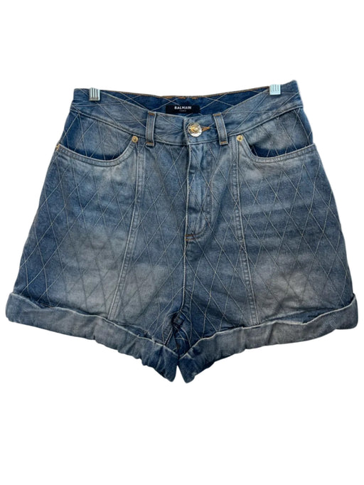 Balmain Size 38 Light Wash Cotton Blend Denim Diamond Stitch High Rise Shorts Light Wash / 38