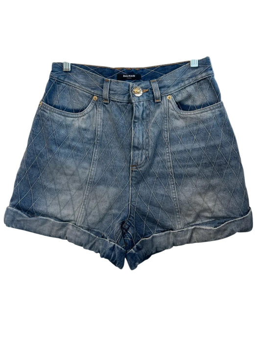 Balmain Size 38 Light Wash Cotton Blend Denim Diamond Stitch High Rise Shorts Light Wash / 38