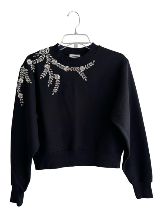 Sandro Size Est S Black Cotton Blend Rhinestone Floral Cropped Sweatshirt Top Black / Est S
