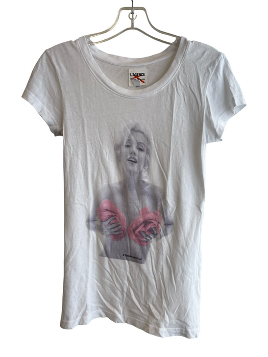 L'agence Size XS White Cotton Crew Neck Cap Sleeve Graphic Print Top White / XS