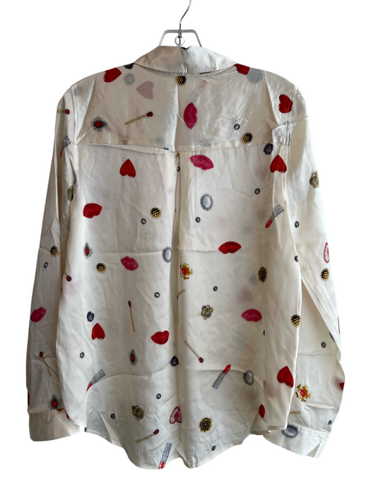 L'agence Size S Ivory & Multi Silk Collared Button Up Long Sleeve V Neck Top Ivory & Multi / S