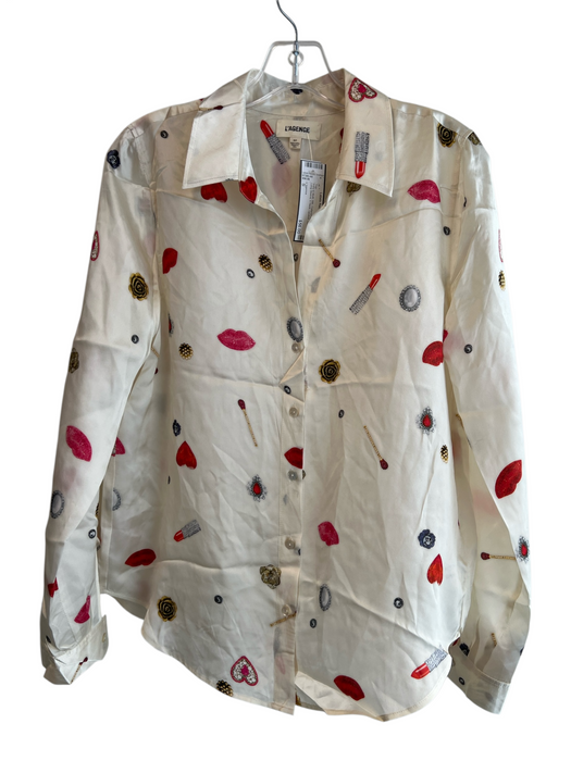 L'agence Size S Ivory & Multi Silk Collared Button Up Long Sleeve V Neck Top Ivory & Multi / S