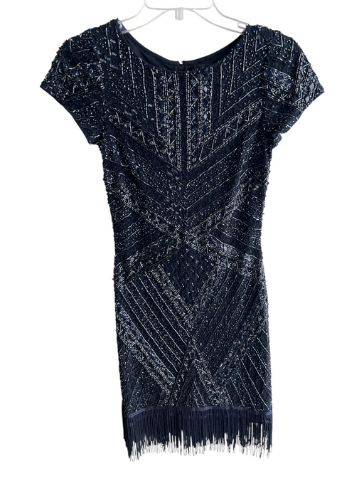 Aidan Mattox Size 2 Black Navy Polyester Round Neck Short Sleeve Back Zip Dress Black Navy / 2
