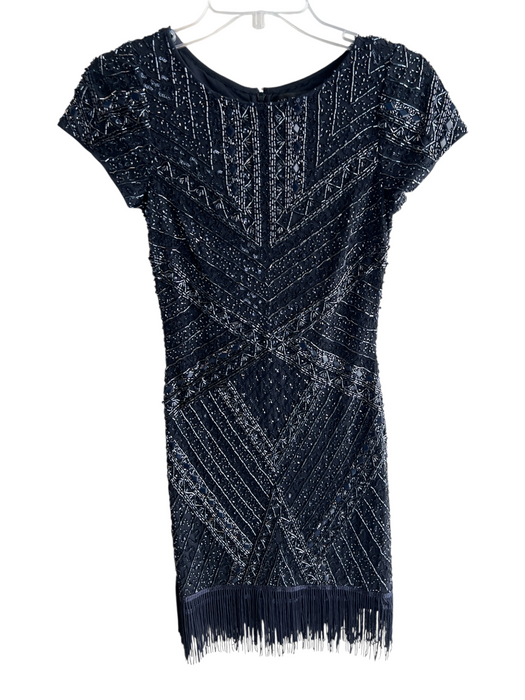 Aidan Mattox Size 2 Black Navy Polyester Round Neck Short Sleeve Back Zip Dress Black Navy / 2