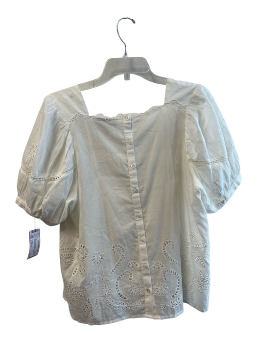 Cleobella Size Medium White Cotton Short Puff Sleeve Back Buttons eyelet Top White / Medium