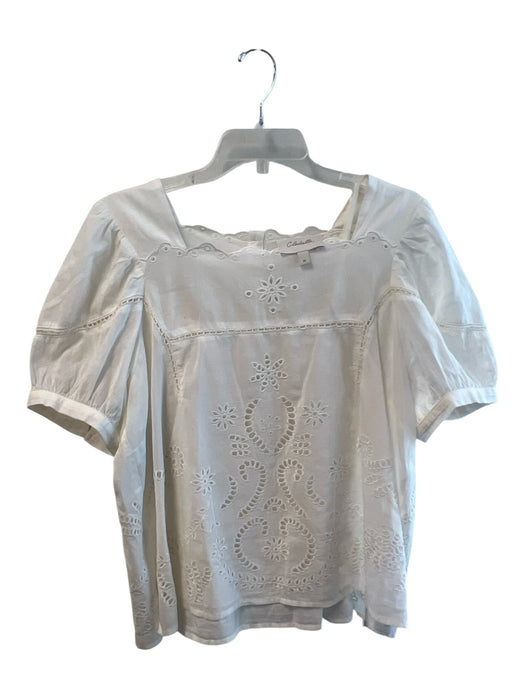 Cleobella Size Medium White Cotton Short Puff Sleeve Back Buttons eyelet Top White / Medium