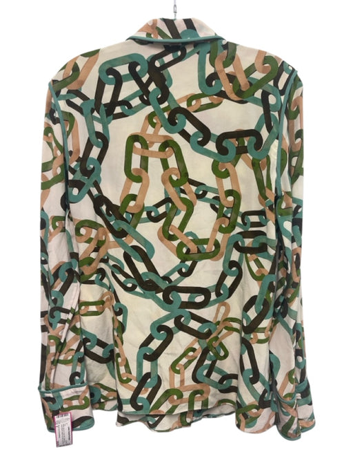 Diane Von Furstenberg Size 8 White, Brown & Teal Silk Chain Print Button Up Top White, Brown & Teal / 8