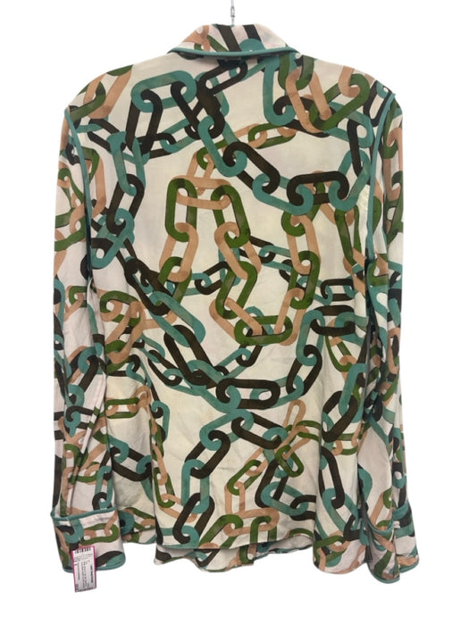 Diane Von Furstenberg Size 8 White, Brown & Teal Silk Chain Print Button Up Top White, Brown & Teal / 8