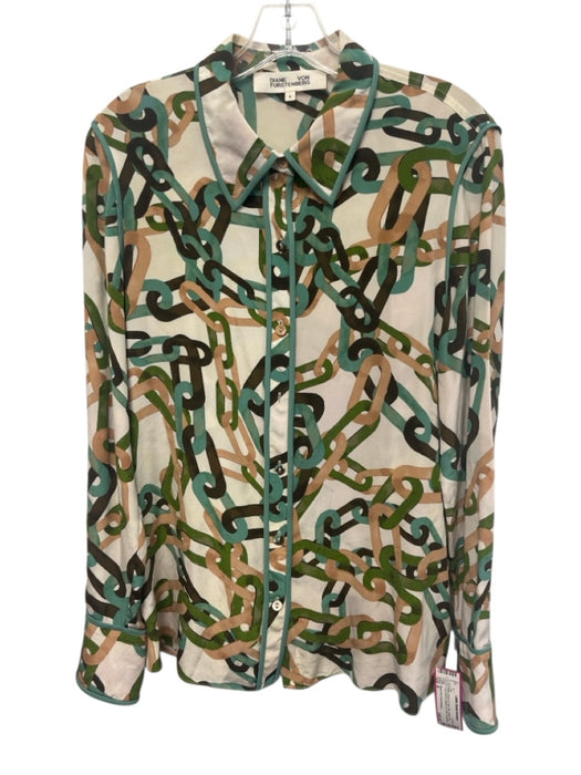 Diane Von Furstenberg Size 8 White, Brown & Teal Silk Chain Print Button Up Top White, Brown & Teal / 8