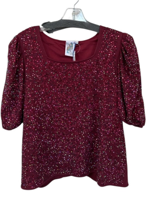 Queen of Sparkles Size L Maroon Cotton Blend Rhinestone Puff Sleeve Top Maroon / L