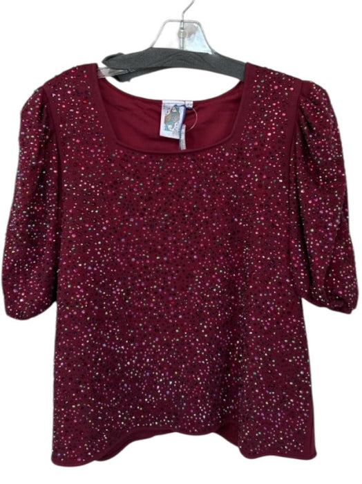 Queen of Sparkles Size L Maroon Cotton Blend Rhinestone Puff Sleeve Top Maroon / L