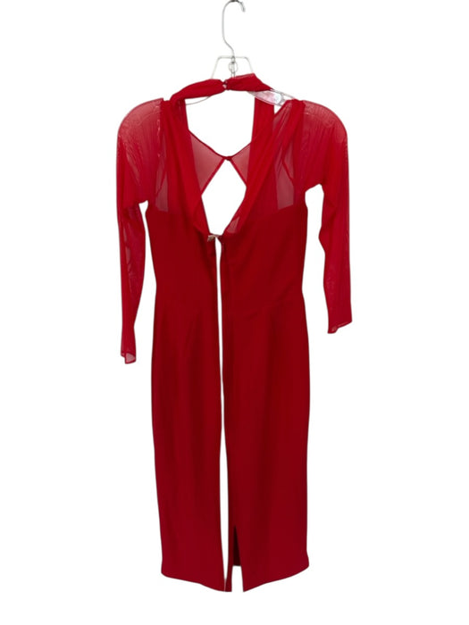 House of CB Size M Fire Engine Red Polyester Blend Halter Mesh Long Sleeve Gown Fire Engine Red / M