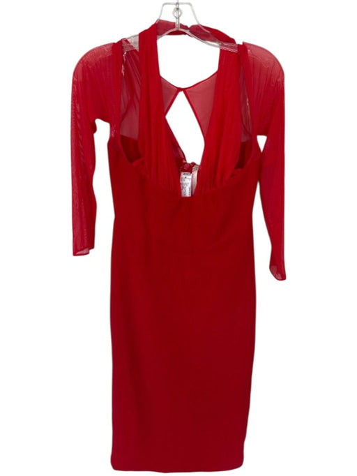 House of CB Size M Fire Engine Red Polyester Blend Halter Mesh Long Sleeve Gown Fire Engine Red / M