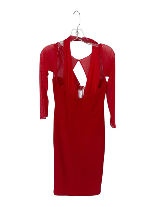 House of CB Size M Fire Engine Red Polyester Blend Halter Mesh Long Sleeve Gown Fire Engine Red / M