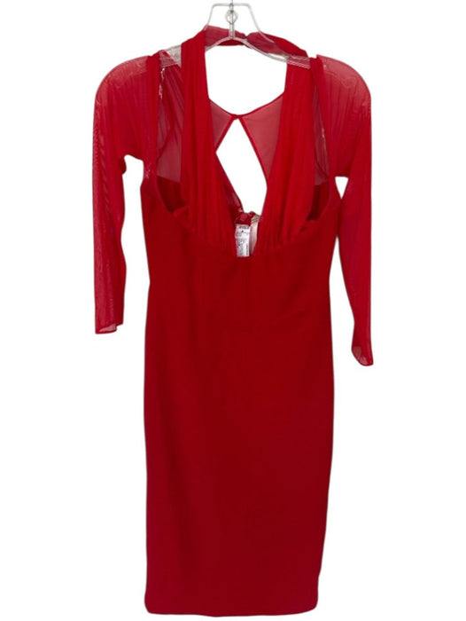 House of CB Size M Fire Engine Red Polyester Blend Halter Mesh Long Sleeve Gown Fire Engine Red / M