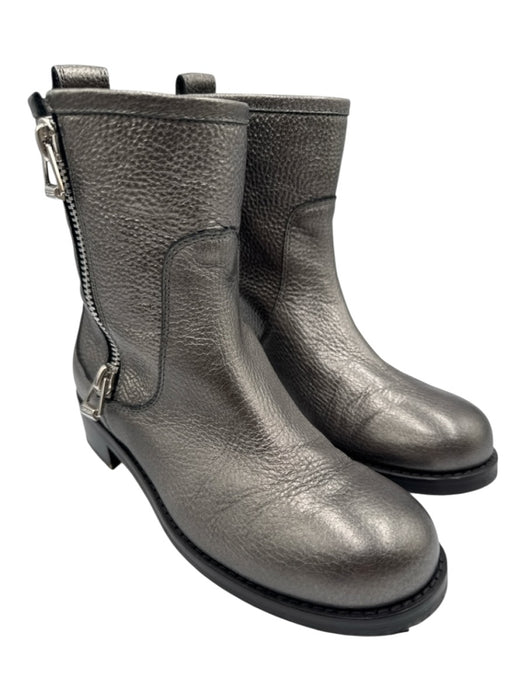 Jimmy Choo Shoe Size 36 Gunmetal Silver Pebble Leather Zip Side Calf Booties Gunmetal Silver / 36