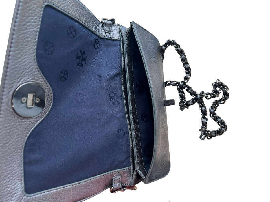 Tory Burch Gray Leather Chain Twist Lock Logo Emblem Removable Crossbody Purse Gray / Small