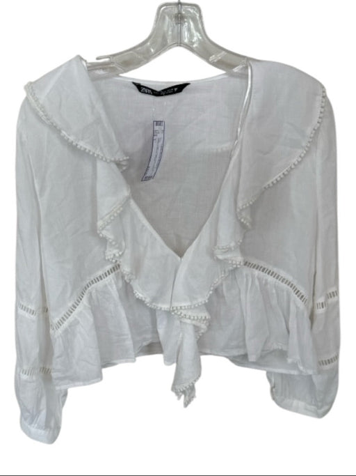 Zara Size L White Cotton V Neck Long Sleeve Collared Blouse Top White / L