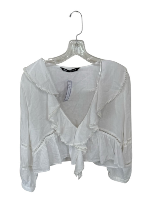 Zara Size L White Cotton V Neck Long Sleeve Collared Blouse Top White / L