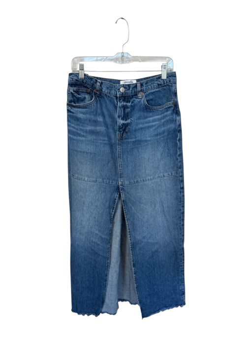 Reformation Size 28 Medium Wash Cotton Denim Front Zip Button Fly Raw Hem Skirt Medium Wash / 28