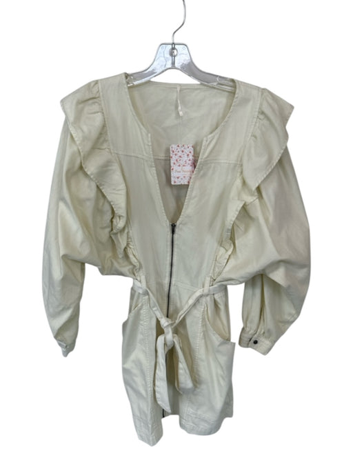 Free People Size S Light Yellow Cotton Long Balloon Sleeve Ruffles Belted Romper Light Yellow / S