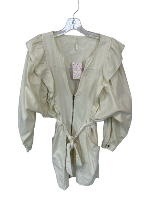 Free People Size S Light Yellow Cotton Long Balloon Sleeve Ruffles Belted Romper Light Yellow / S