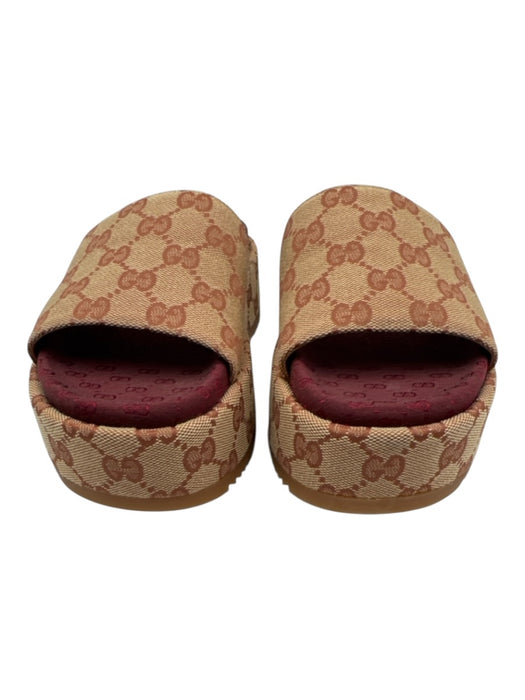 Gucci Shoe Size 37.5 Beige & Burgundy Red textile upper Guccissima Slide Sandals Beige & Burgundy Red / 37.5