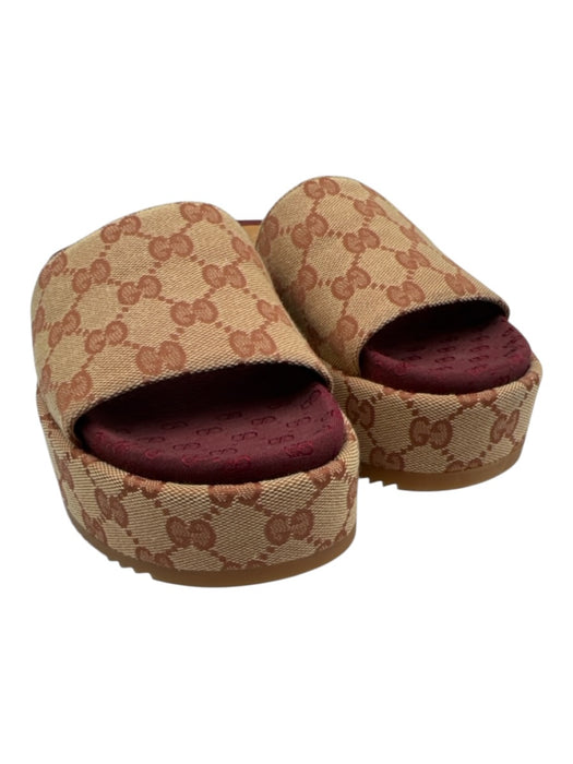Gucci Shoe Size 37.5 Beige & Burgundy Red textile upper Guccissima Slide Sandals Beige & Burgundy Red / 37.5