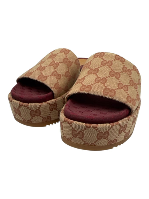 Gucci Shoe Size 37.5 Beige & Burgundy Red textile upper Guccissima Slide Sandals Beige & Burgundy Red / 37.5