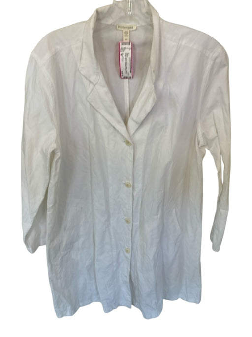 Eileen Fisher Size M White Cotton Blend Collar V Neck Button Down Pockets Dress White / M