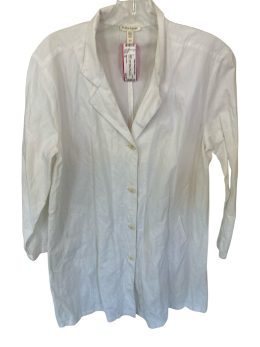 Eileen Fisher Size M White Cotton Blend Collar V Neck Button Down Pockets Dress White / M