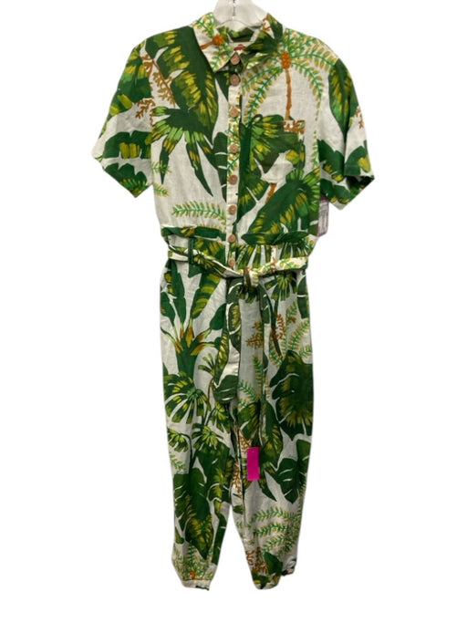 Farm Rio Size Small Green, Yellow, Orange Linen Short Sleeve Tapered Jumpsuit Green, Yellow, Orange / Small