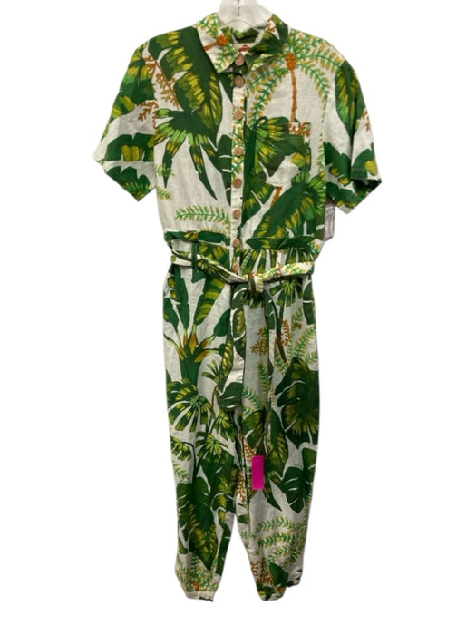 Farm Rio Size Small Green, Yellow, Orange Linen Short Sleeve Tapered Jumpsuit Green, Yellow, Orange / Small