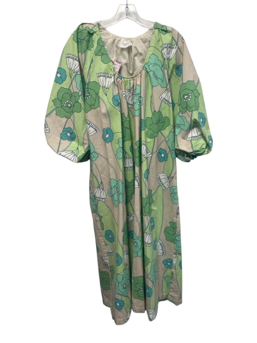 Hyacinth House Size XS Green, Blue, Beige Cotton Long puff sleeve Floral Dress Green, Blue, Beige / XS