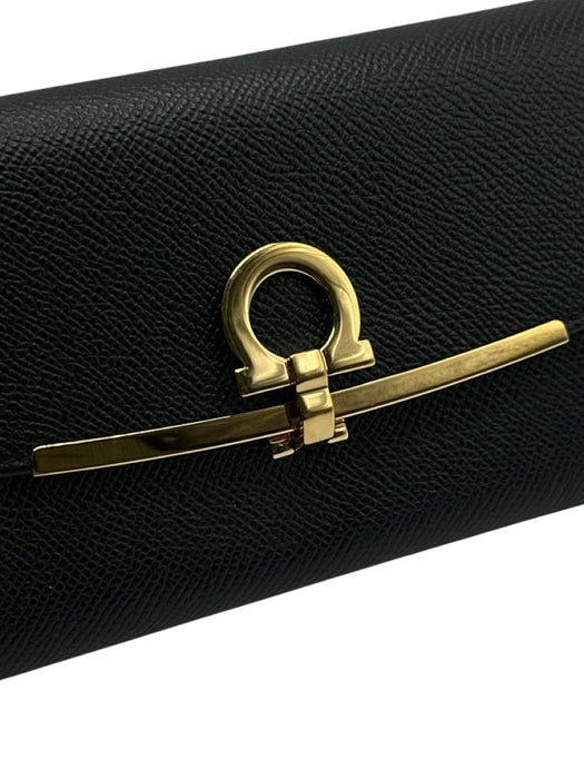 Salvatore Ferragamo Black Leather Flap Gold Hardware Horse Bit Wallets Black