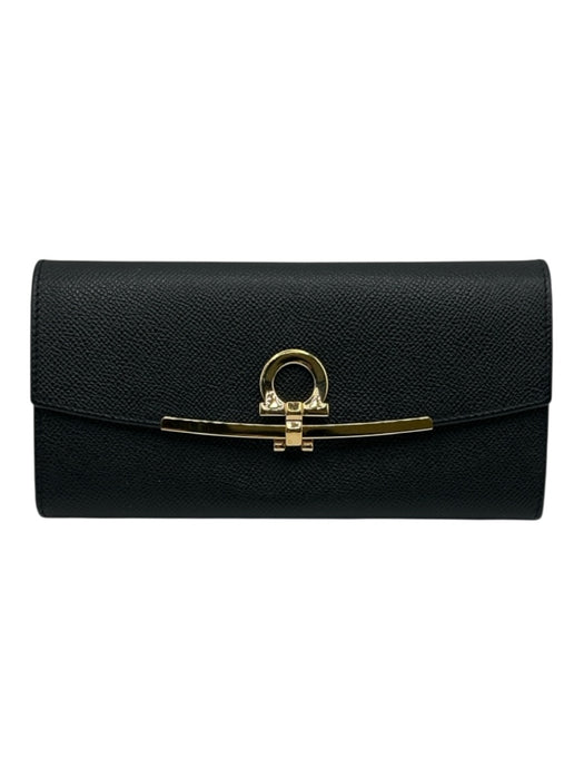 Salvatore Ferragamo Black Leather Flap Gold Hardware Horse Bit Wallets Black