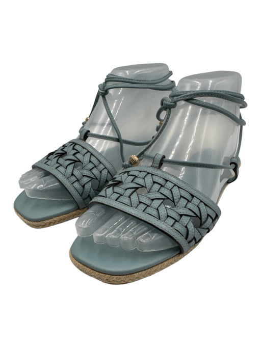 Tory Burch Shoe Size 7 Light Blue Leather Upper Ankle Wrap Woven Espadrille Light Blue / 7